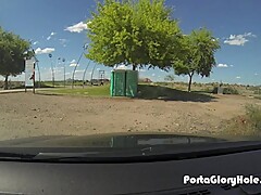 Cuckold waits for his girlfriend in a Porta Potty Gloryhole
