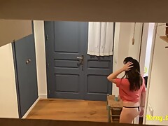 The girl shows her cute nice ass to the food delivery guy