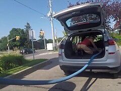 RISKY PUBLIC CAR WASH Short Skirt no Panties --GoPro- No camera man