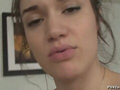 POV cuckold creampie eating blowjob and sex by hot stepdaughter who locks you in chastity and watch