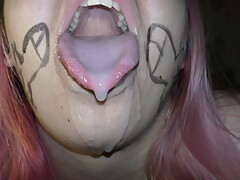 Cumslut wife covered in cum, swallow huge drooling cumshots